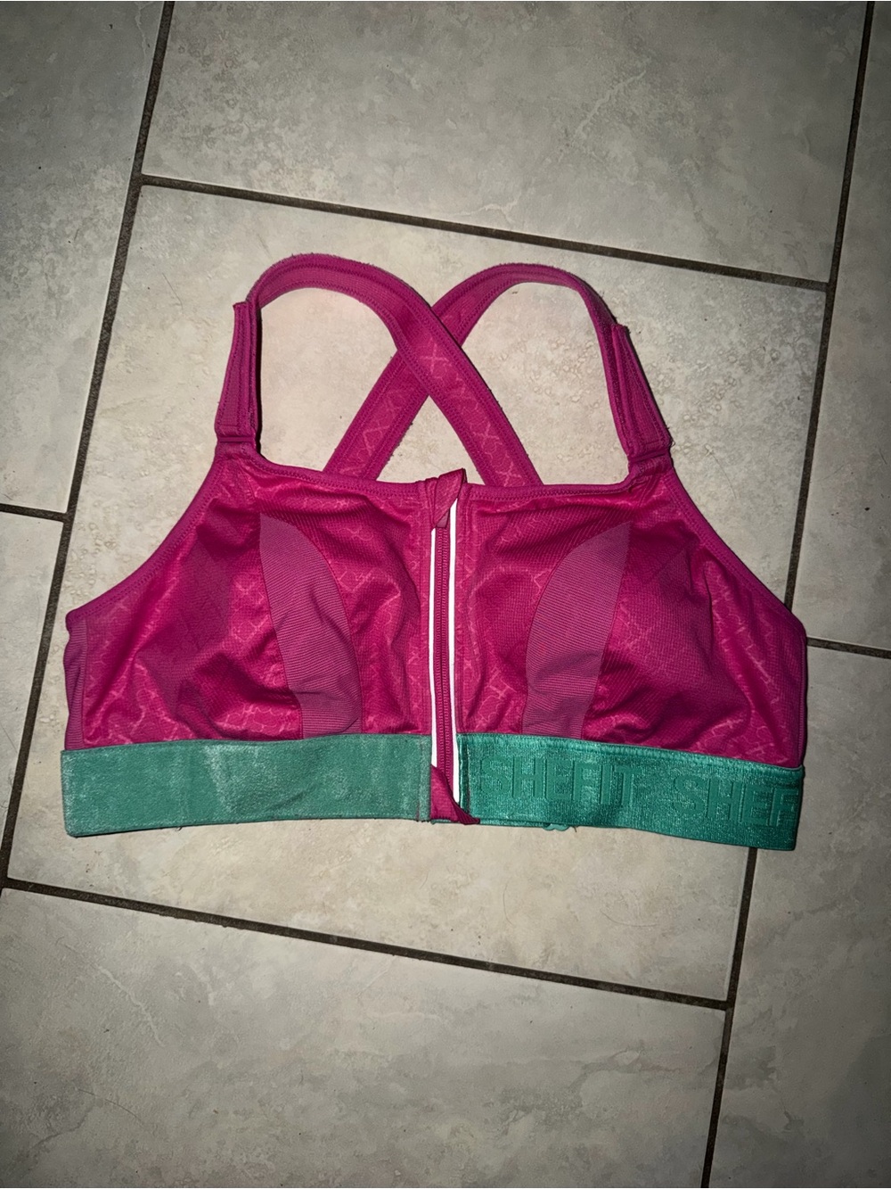 SHEFIT Hot Pink Sports Bra with Teal Band and Front Zip